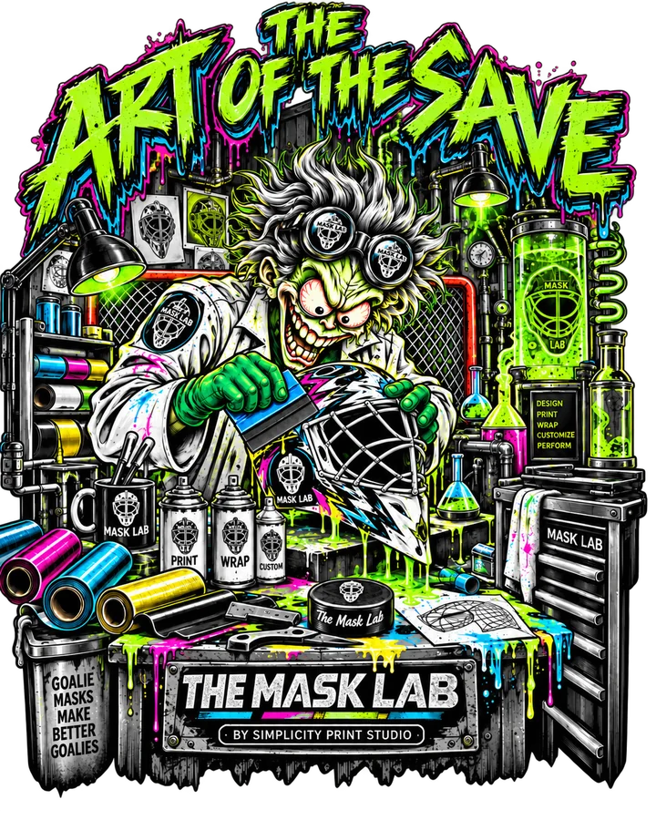 The Art of the Save mad scientist design: a Mask Lab scientist wrapping a goalie mask